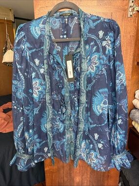Kobi Halperin Navy & Teal Paisley Ruffle Blouse Jacket